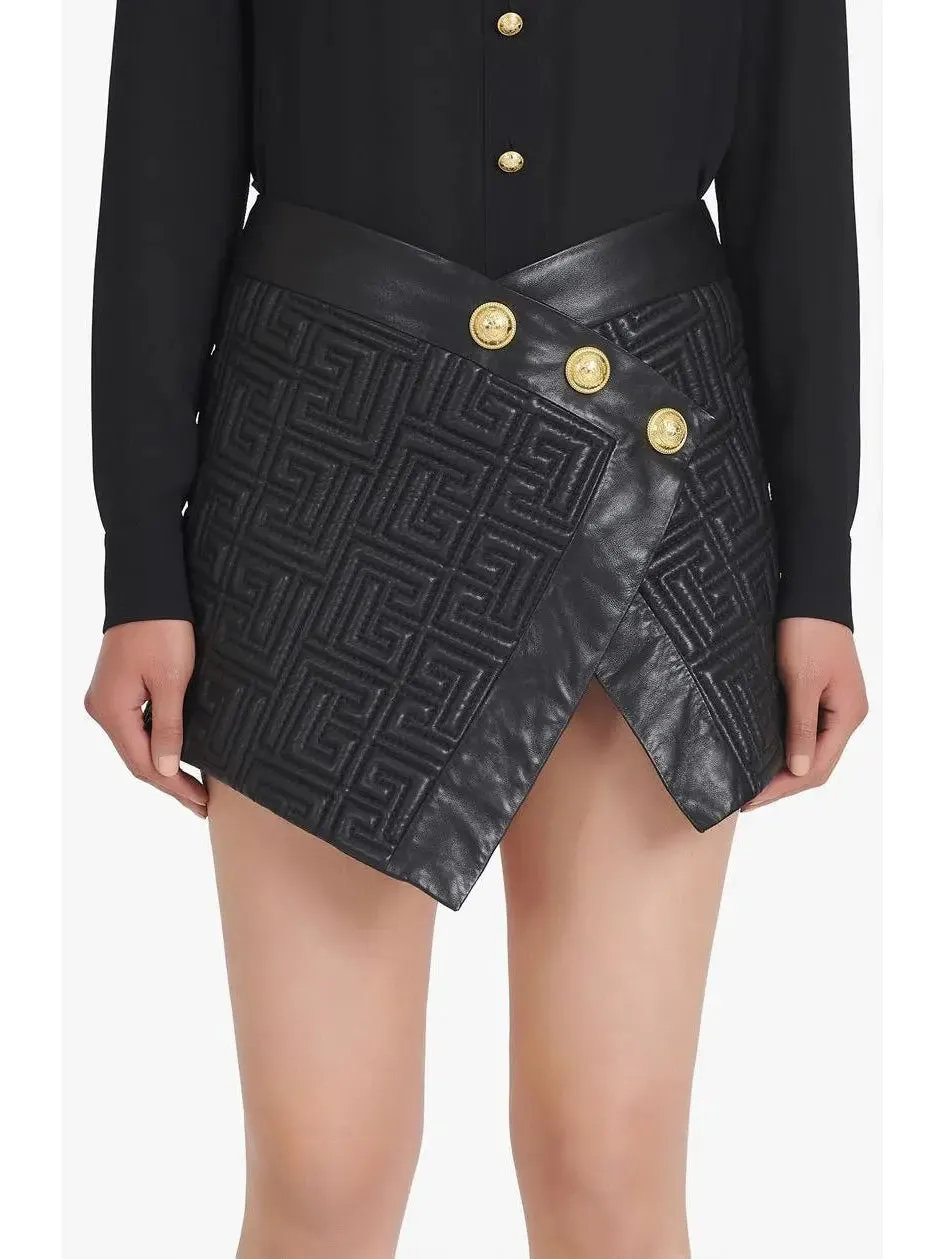 Women’s Black Leather Short Embossed Skirt with Monogram