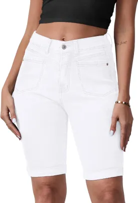 Women's Casual Straight Leg Long Denim Shorts Elastic Bermuda Jean Shorts
