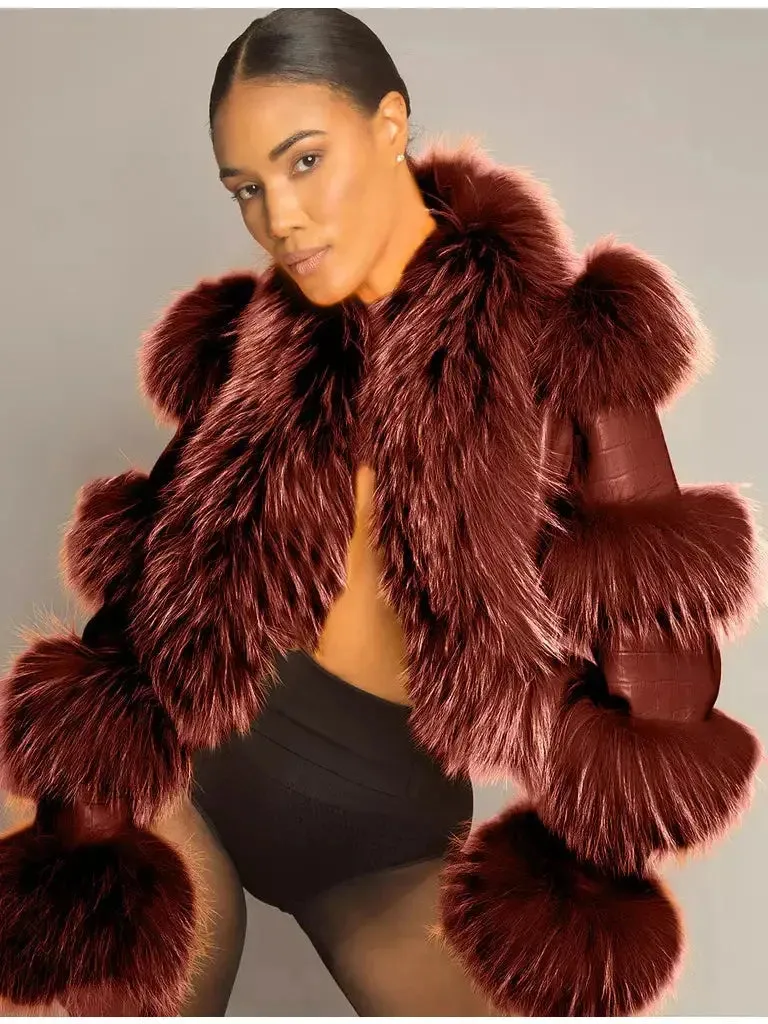 Women’s Croc Leather Effect Fur-Paneled Jacket