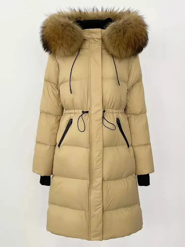 Women’s Drawstring Waist Long Down Coat in Beige with Natural Fur Hood