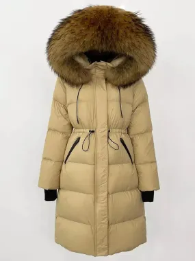 Women’s Drawstring Waist Long Down Coat in Beige with Natural Fur Hood
