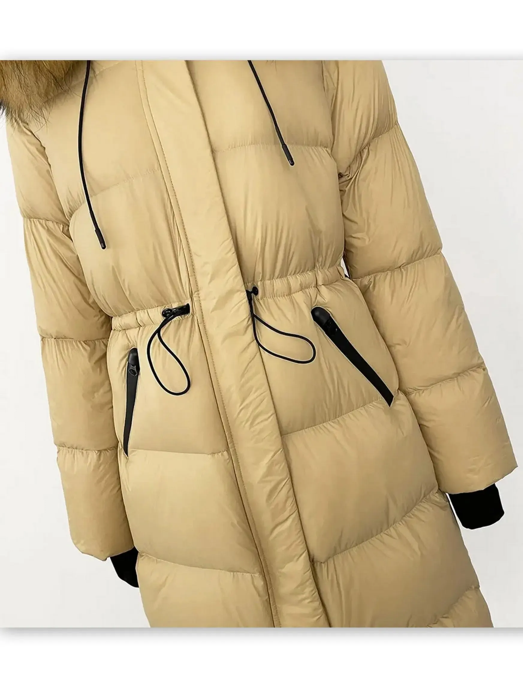 Women’s Drawstring Waist Long Down Coat in Beige with Natural Fur Hood