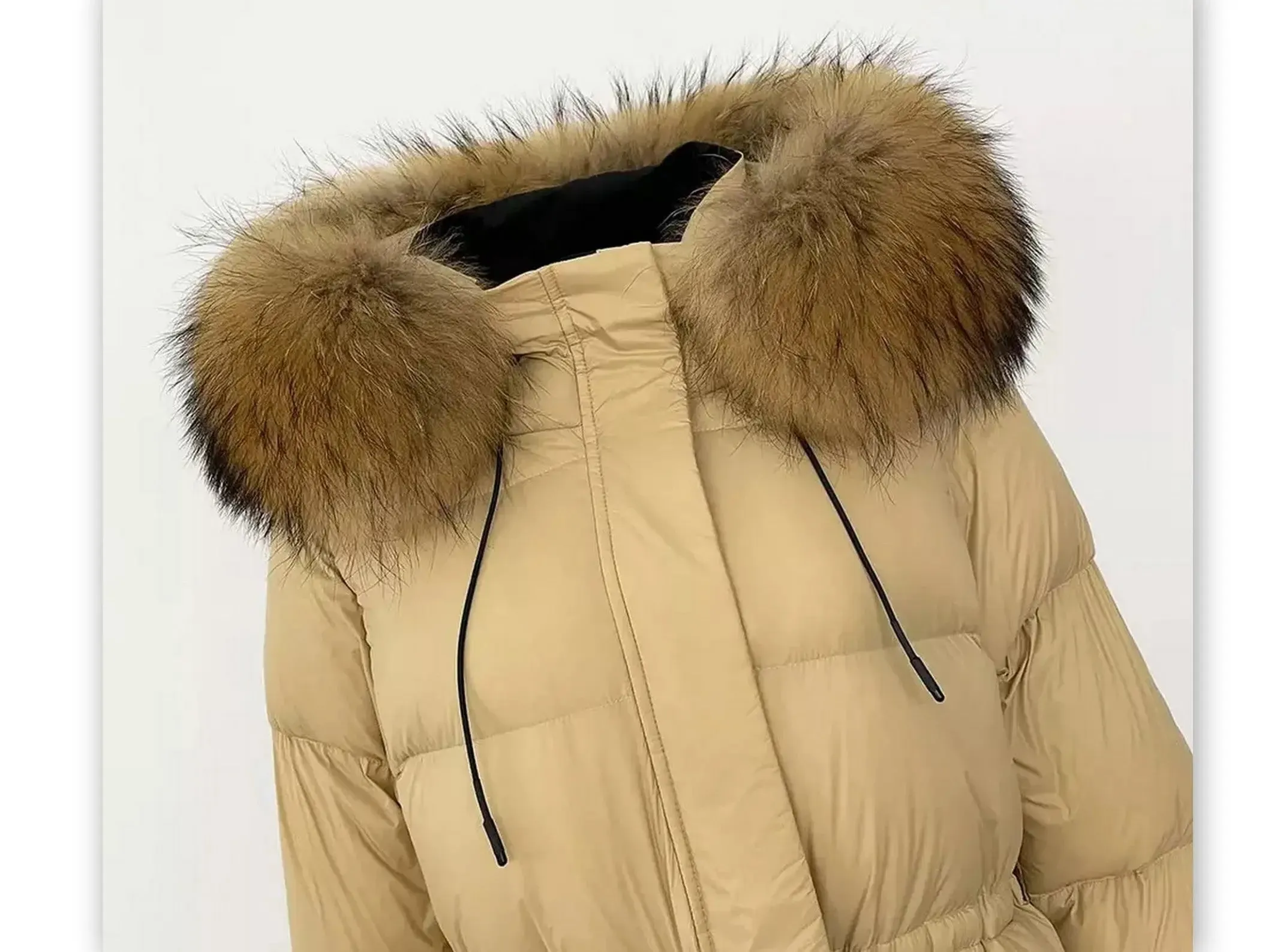 Women’s Drawstring Waist Long Down Coat in Beige with Natural Fur Hood