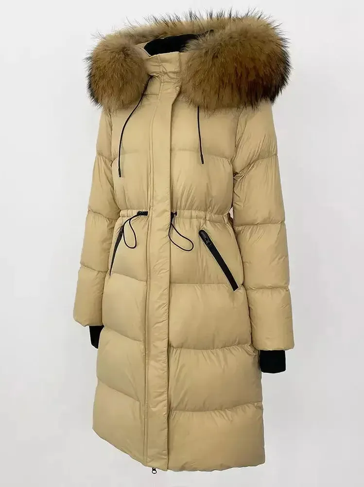 Women’s Drawstring Waist Long Down Coat in Beige with Natural Fur Hood