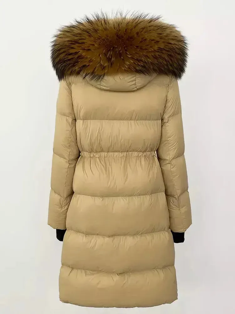 Women’s Drawstring Waist Long Down Coat in Beige with Natural Fur Hood