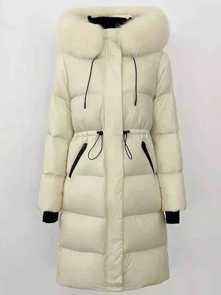 Women’s Drawstring Waist Long Down Coat in White with Natural Fur Hood