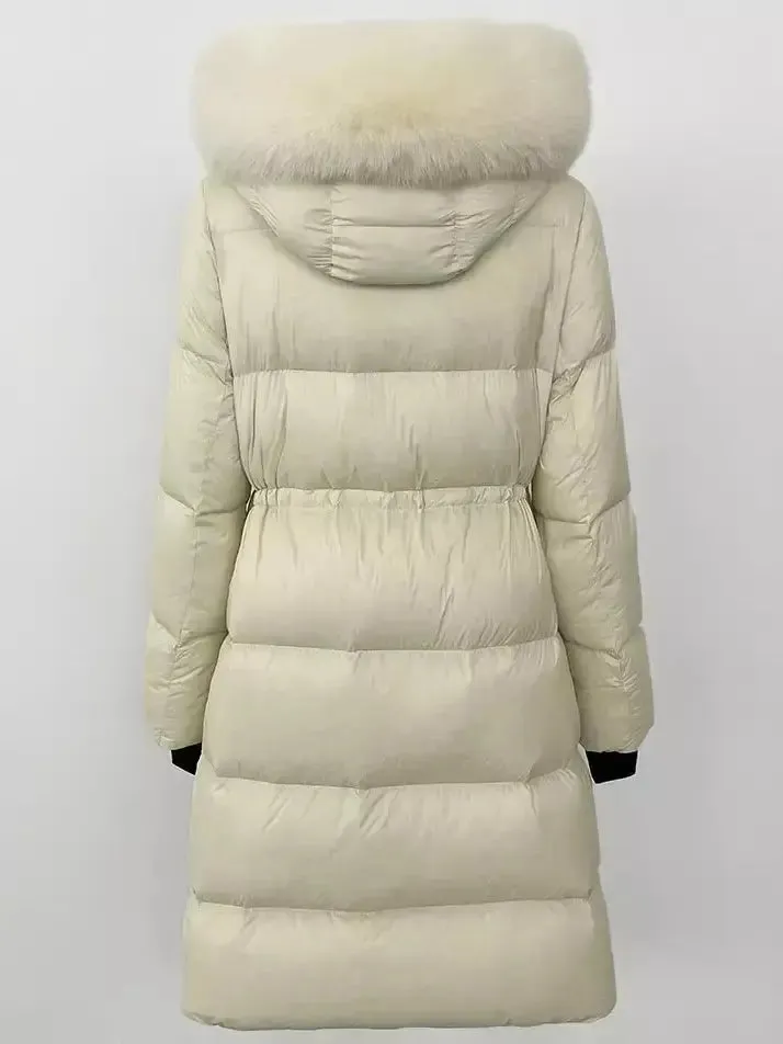 Women’s Drawstring Waist Long Down Coat in White with Natural Fur Hood