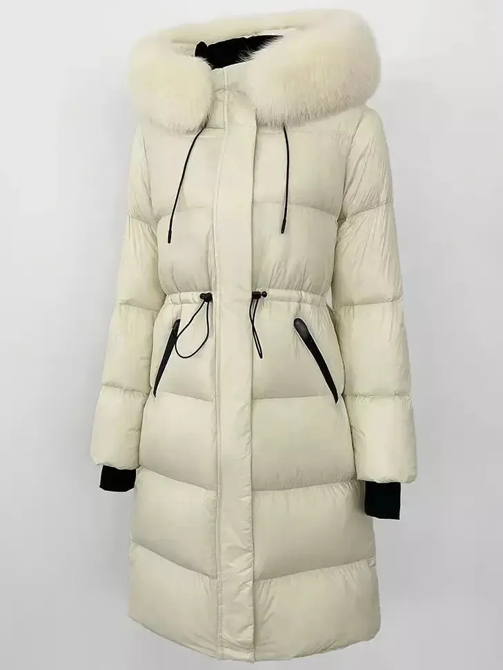 Women’s Drawstring Waist Long Down Coat in White with Natural Fur Hood
