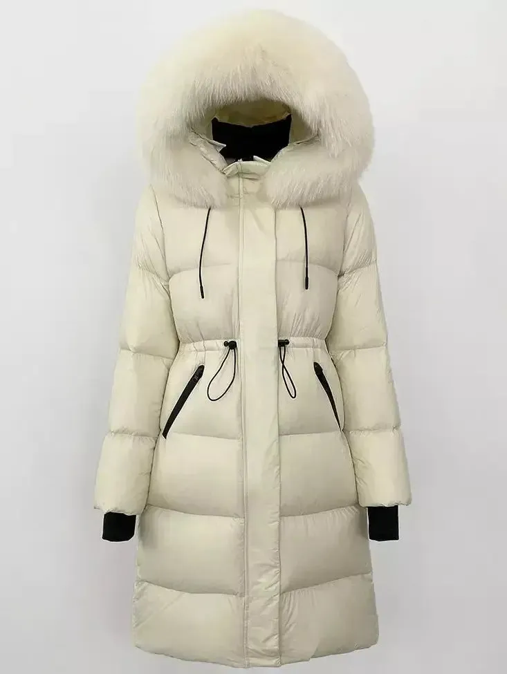 Women’s Drawstring Waist Long Down Coat in White with Natural Fur Hood