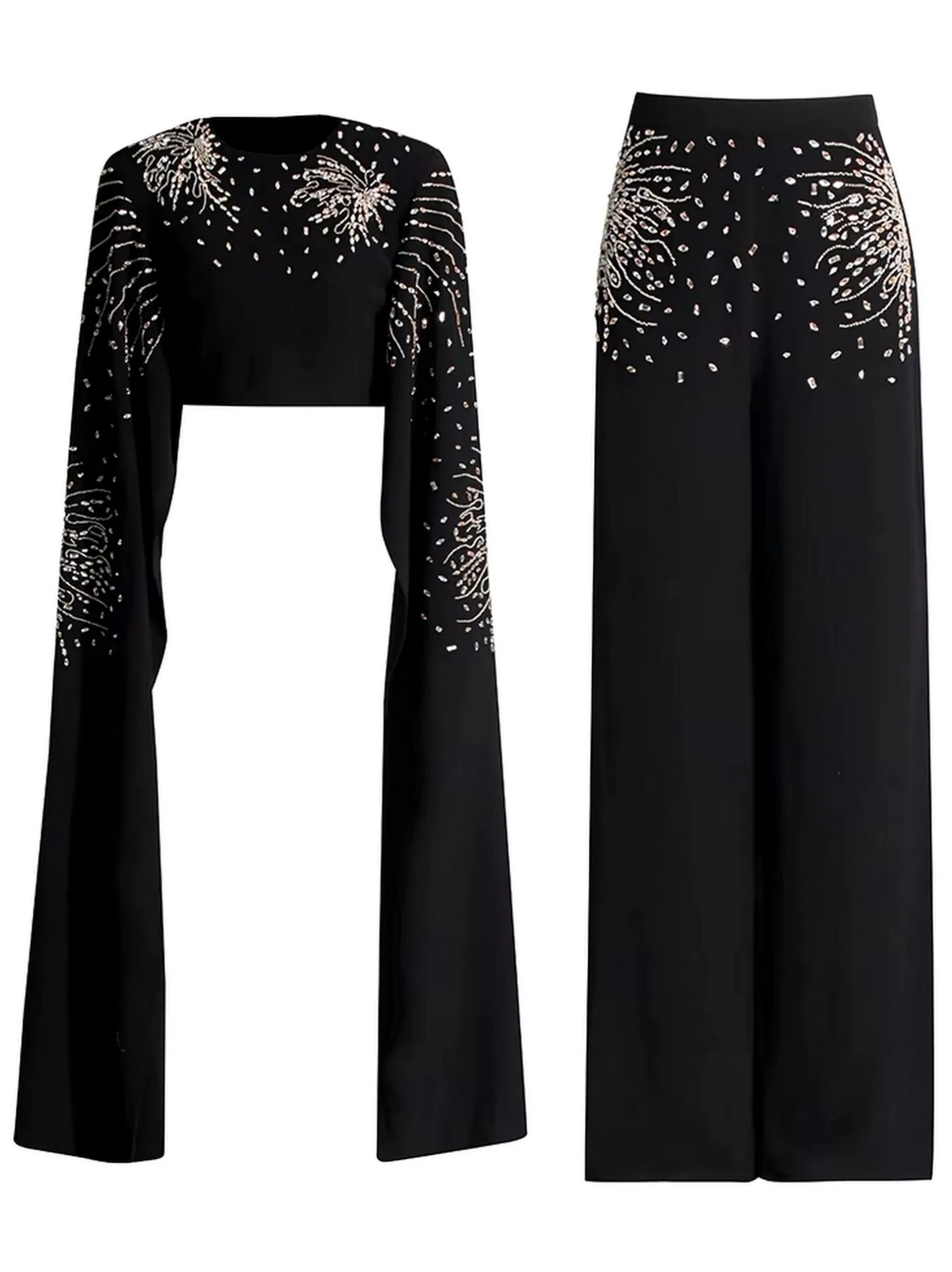Women’s Embellished Extended Sleeve Crop Top and Wide-Leg Pant Suit
