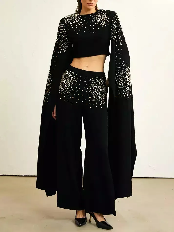 Women’s Embellished Extended Sleeve Crop Top and Wide-Leg Pant Suit
