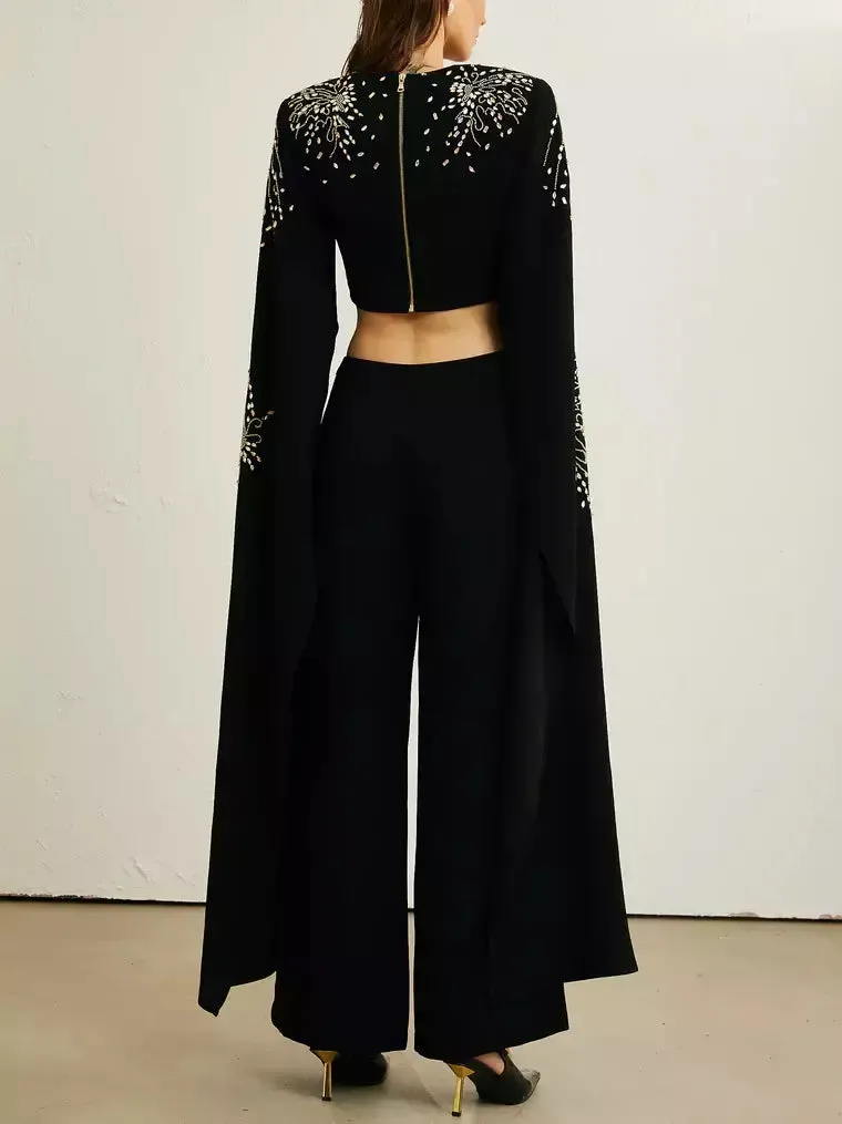 Women’s Embellished Extended Sleeve Crop Top and Wide-Leg Pant Suit