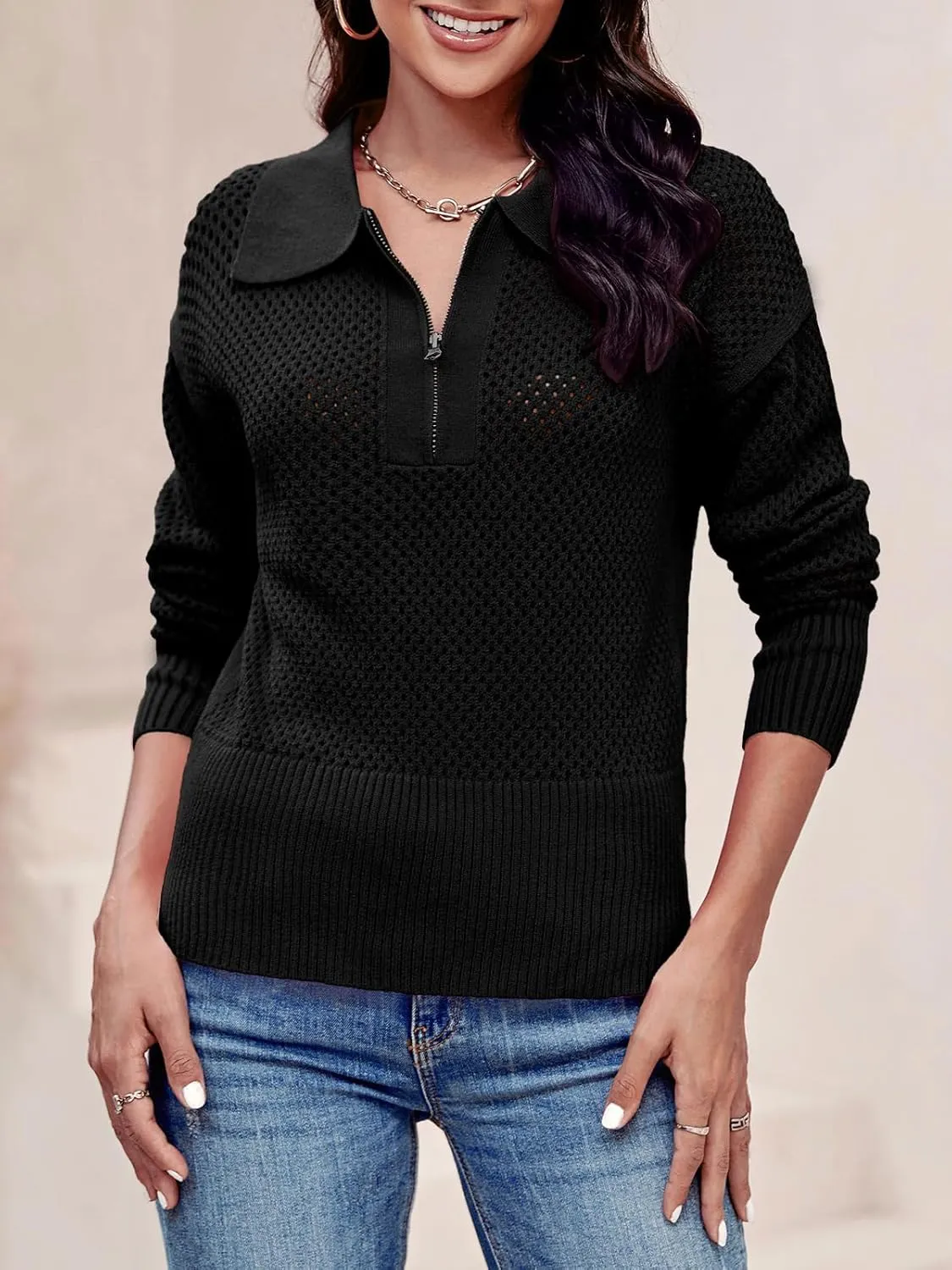 Women's Half Zip Pullover Sweaters Crochet Lapel Collar Long Sleeve Knit Solid Color Jumper Tops