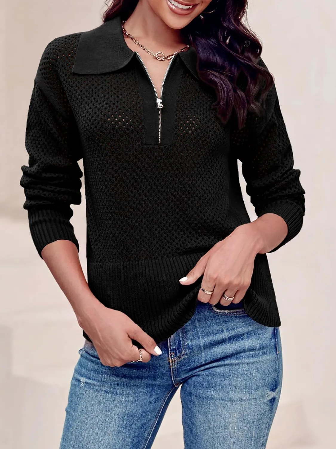 Women's Half Zip Pullover Sweaters Crochet Lapel Collar Long Sleeve Knit Solid Color Jumper Tops