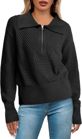 Women's Half Zip Pullover Sweaters Crochet Lapel Collar Long Sleeve Knit Solid Color Jumper Tops