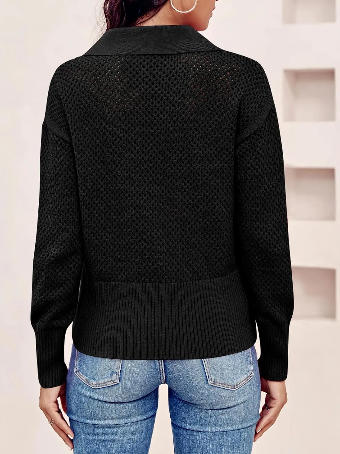 Women's Half Zip Pullover Sweaters Crochet Lapel Collar Long Sleeve Knit Solid Color Jumper Tops