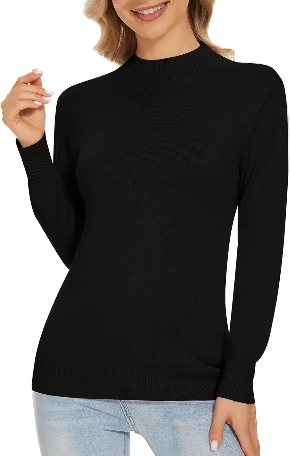 Women's Mock Neck Sweater Long Sleeve Knit Pullover Tops Casual Sweaters