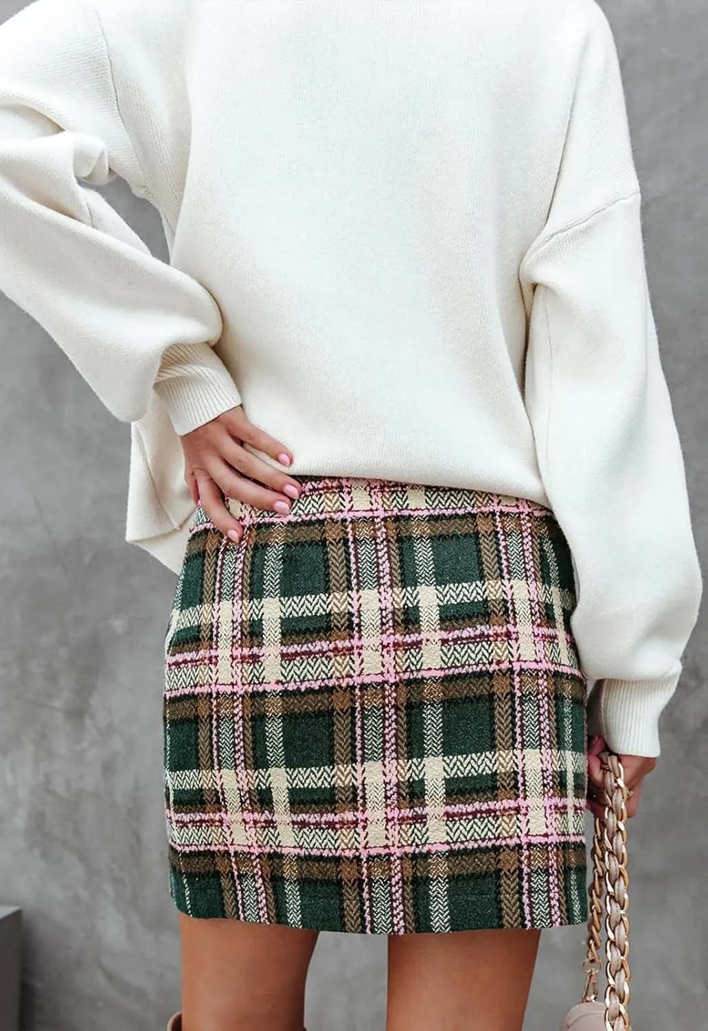 Women's Plaid Mini Skirt Pencil Above Knee Length High Elastic Waist Bodycon Zipper Vintage Short Skirts for Women
