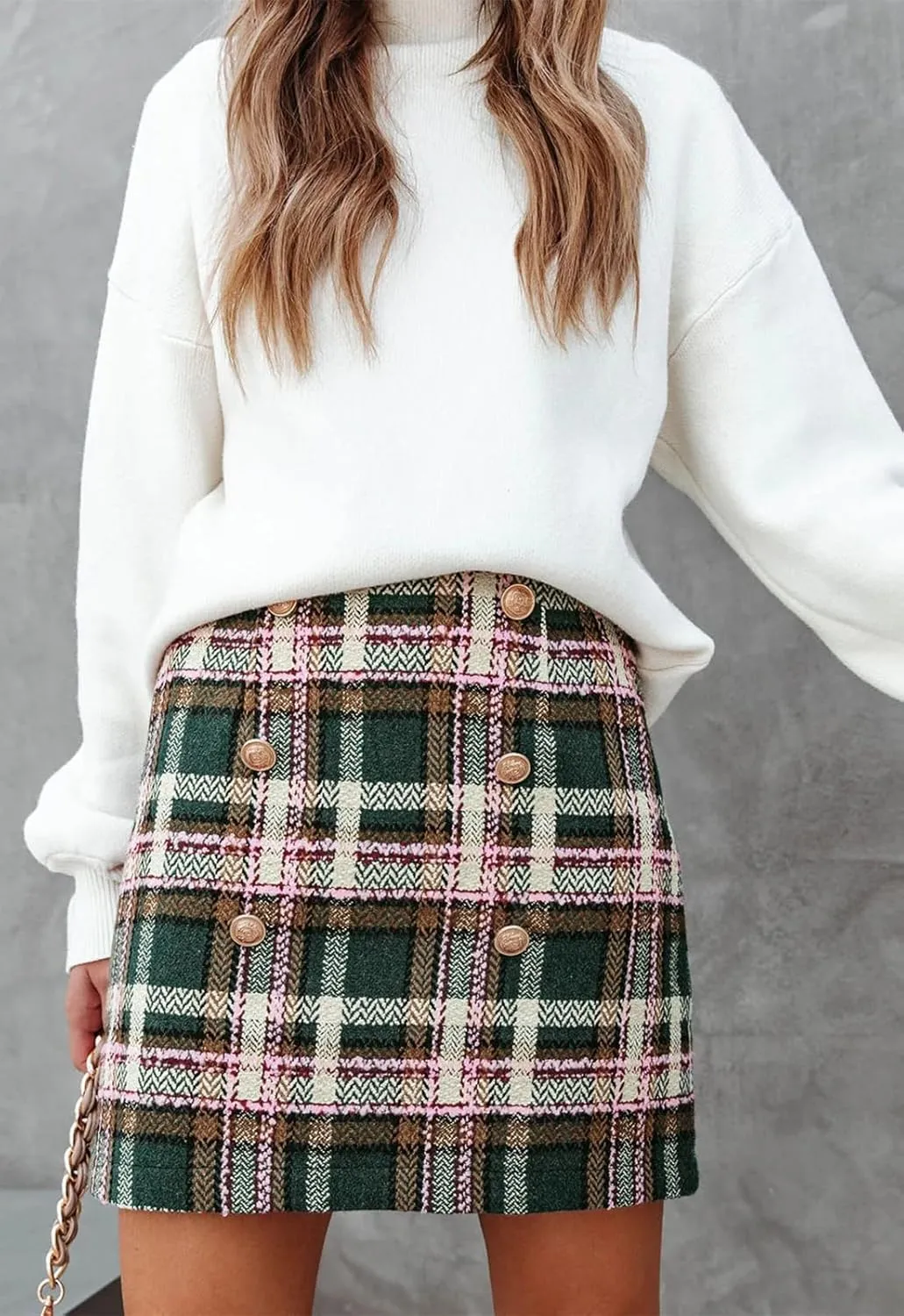 Women's Plaid Mini Skirt Pencil Above Knee Length High Elastic Waist Bodycon Zipper Vintage Short Skirts for Women
