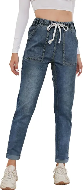 Womens Pull-on Jeans Stretch High Waisted Elastic Waist Jeans for Women Denim Joggers Pants