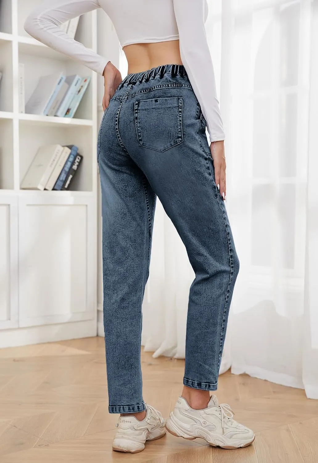 Womens Pull-on Jeans Stretch High Waisted Elastic Waist Jeans for Women Denim Joggers Pants