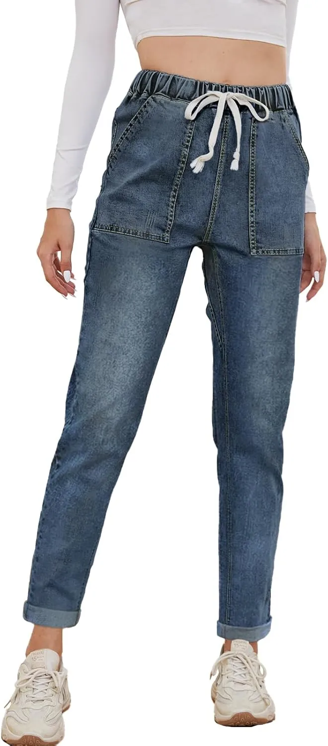 Womens Pull-on Jeans Stretch High Waisted Elastic Waist Jeans for Women Denim Joggers Pants