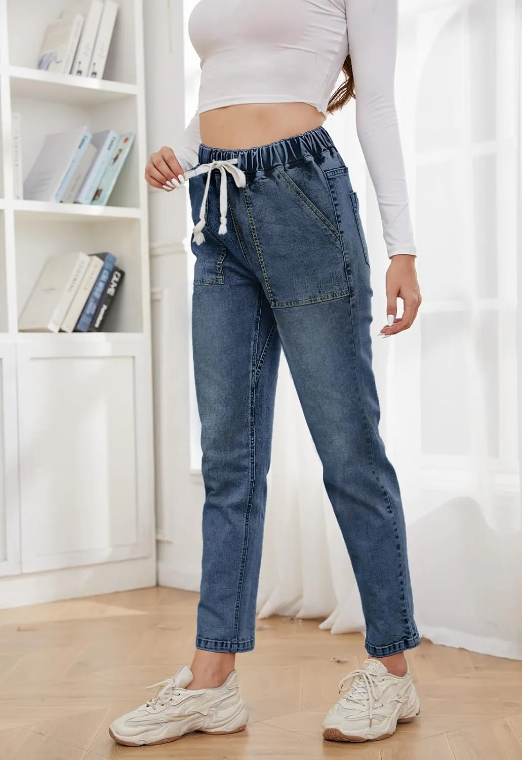 Womens Pull-on Jeans Stretch High Waisted Elastic Waist Jeans for Women Denim Joggers Pants