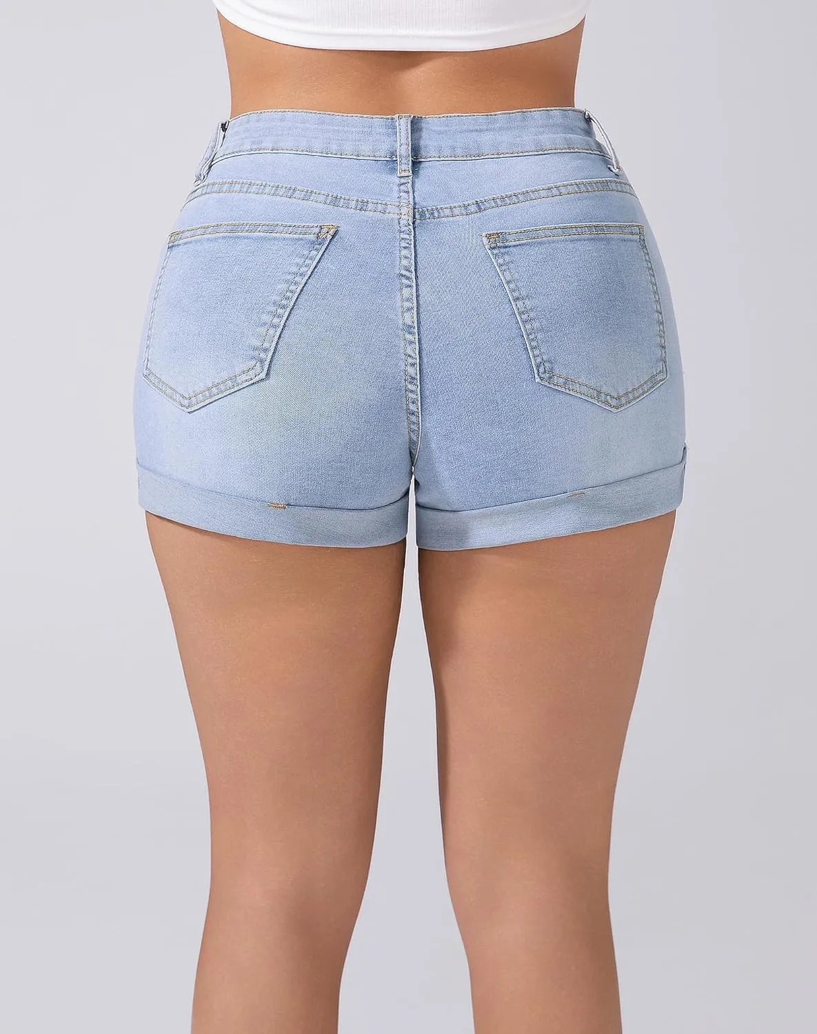 Women's Ripped Mid Rise Denim Shorts Stretchy Cuffed Hem Jeans Shorts