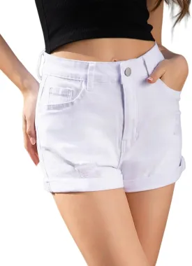 Women's Ripped Mid Rise Denim Shorts Stretchy Cuffed Hem Jeans Shorts