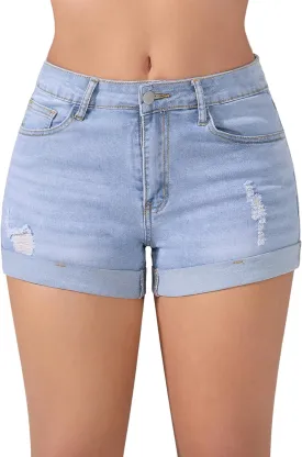 Women's Ripped Mid Rise Denim Shorts Stretchy Cuffed Hem Jeans Shorts