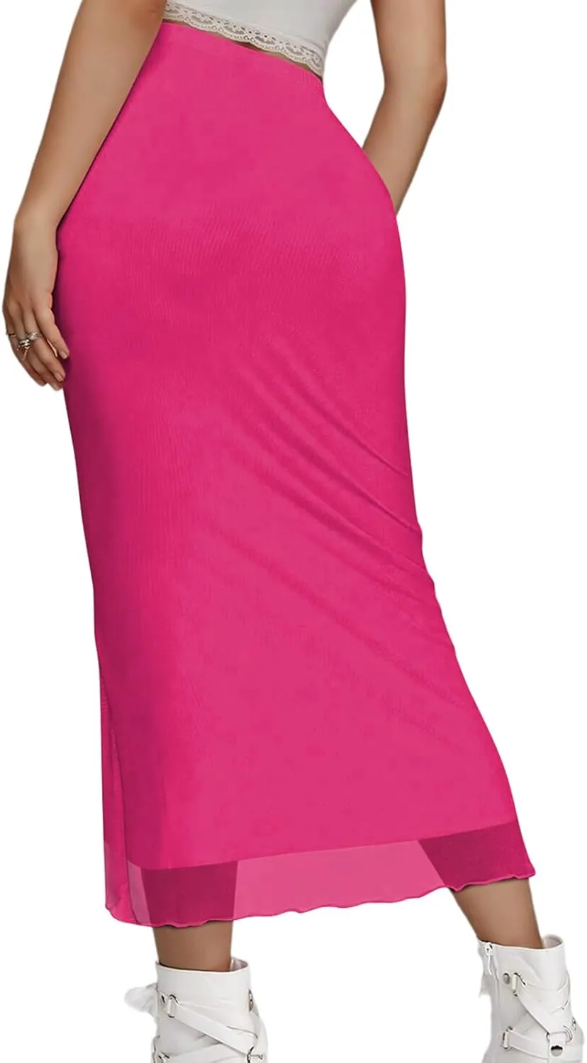Women's Sheer Mesh Midi Skirt High Waisted Wrap Layered Bodycon Tiered Maxi Long Pencil Skirts with Slit