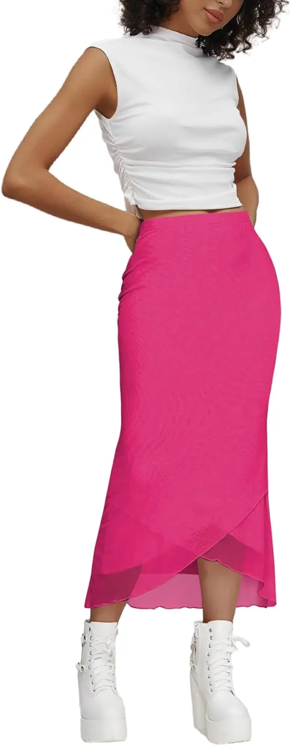 Women's Sheer Mesh Midi Skirt High Waisted Wrap Layered Bodycon Tiered Maxi Long Pencil Skirts with Slit