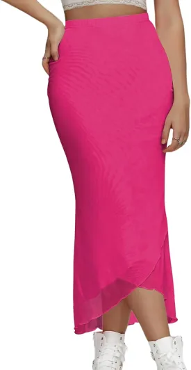 Women's Sheer Mesh Midi Skirt High Waisted Wrap Layered Bodycon Tiered Maxi Long Pencil Skirts with Slit