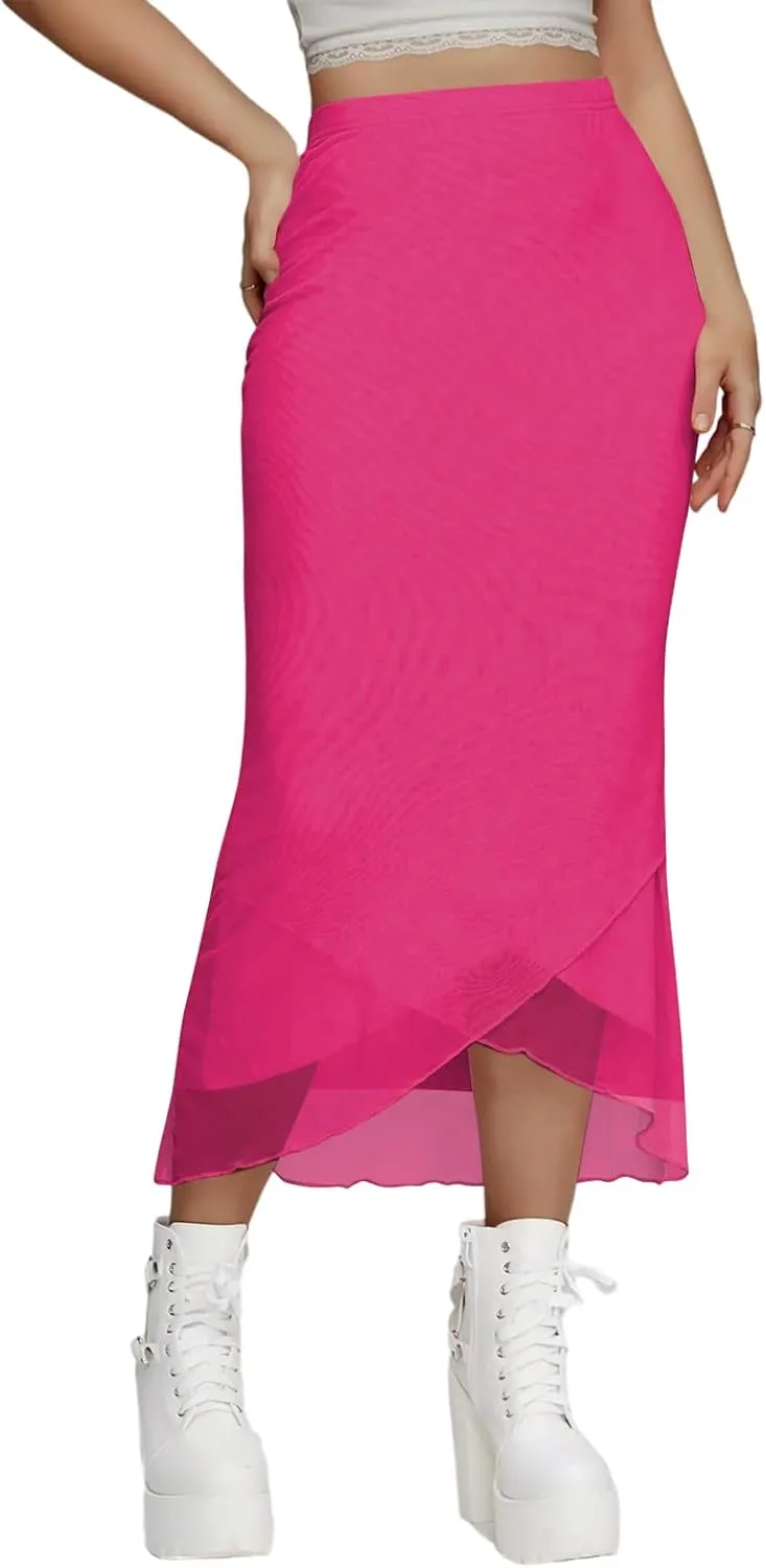 Women's Sheer Mesh Midi Skirt High Waisted Wrap Layered Bodycon Tiered Maxi Long Pencil Skirts with Slit