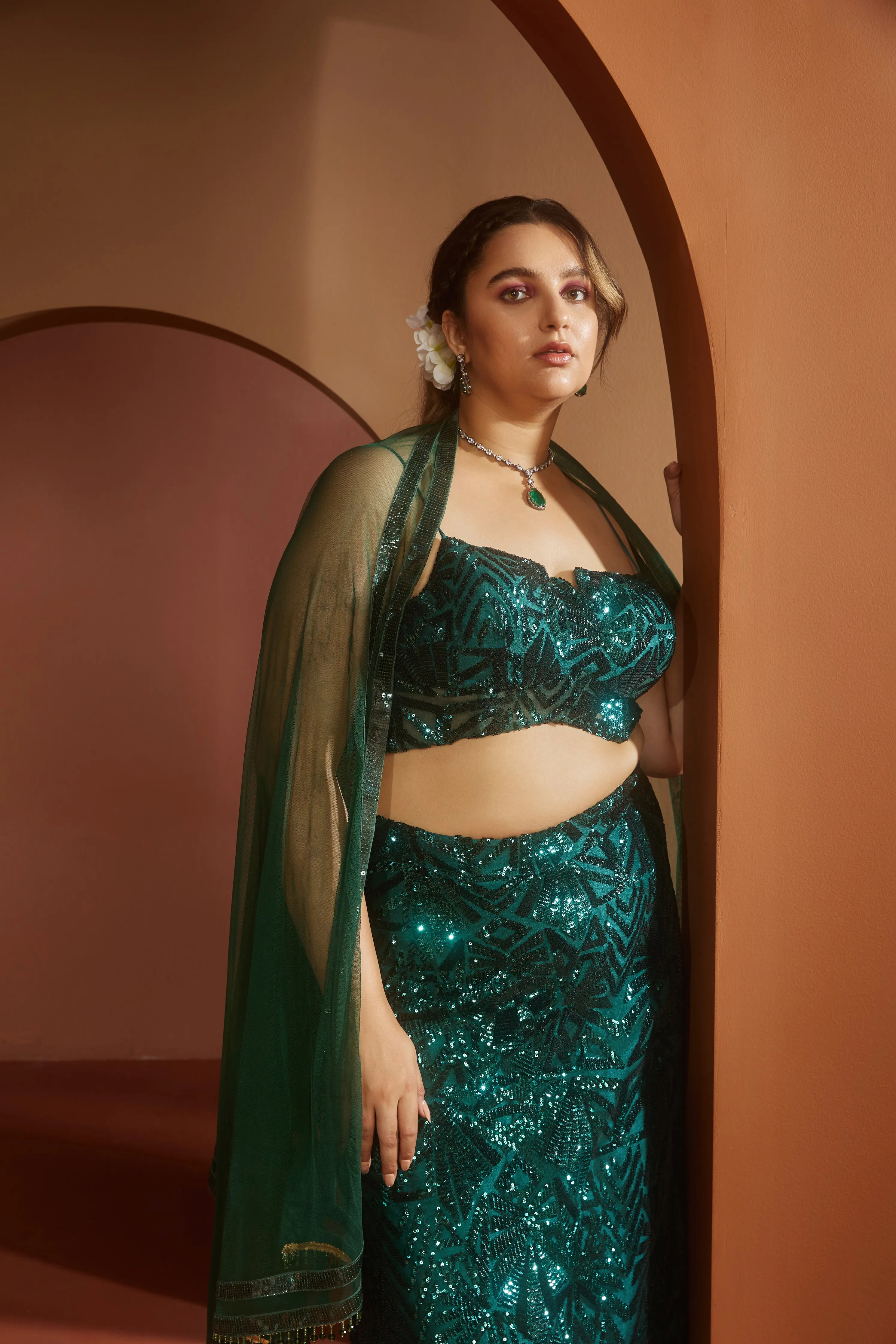 Zaitra Emerald Green Sequin Lehenga
